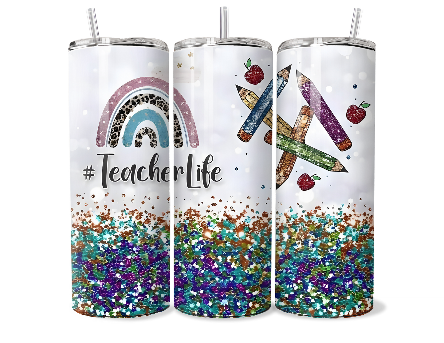 Teacher Life Glitter Tumbler - Rainbow Boho Insulated Tumbler