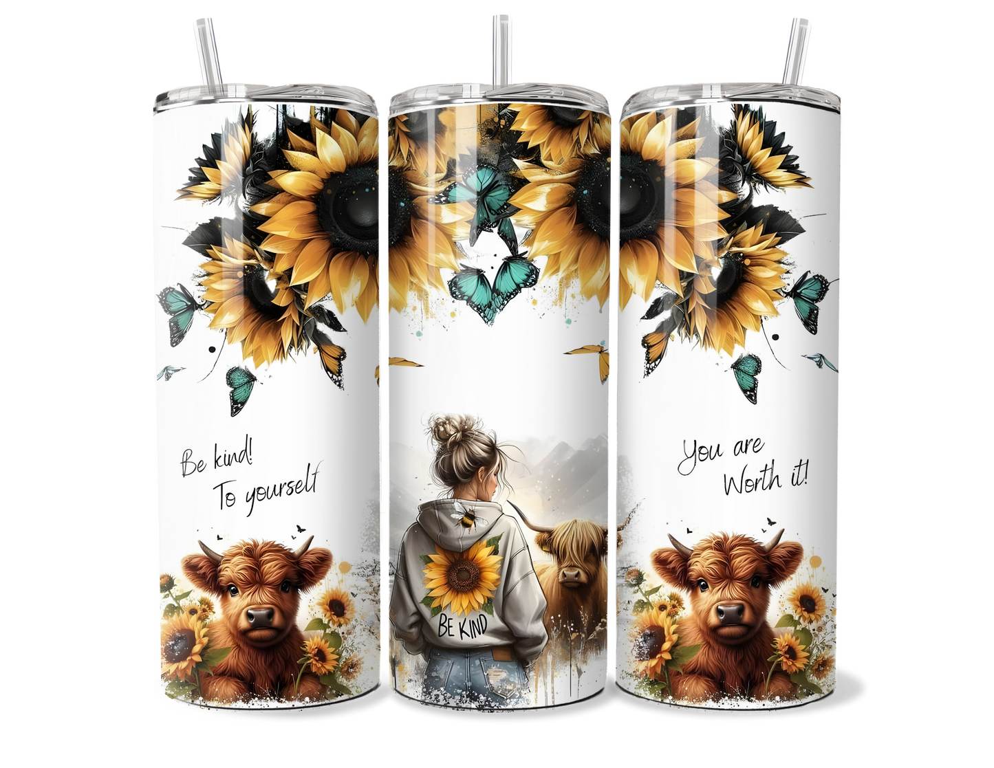 Be Kind to Yourself Sunflower and Highland Cow Insulated Tumbler