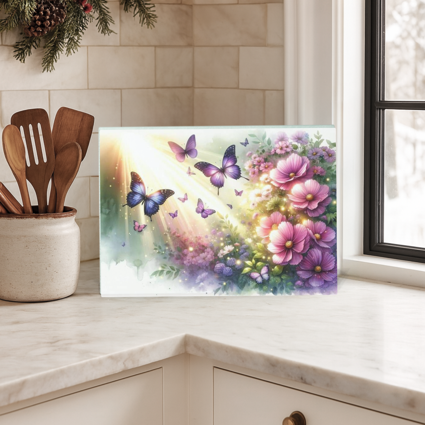 Butterfly and Floral Glass Cutting Board - Heat Resistant Tempered Glass