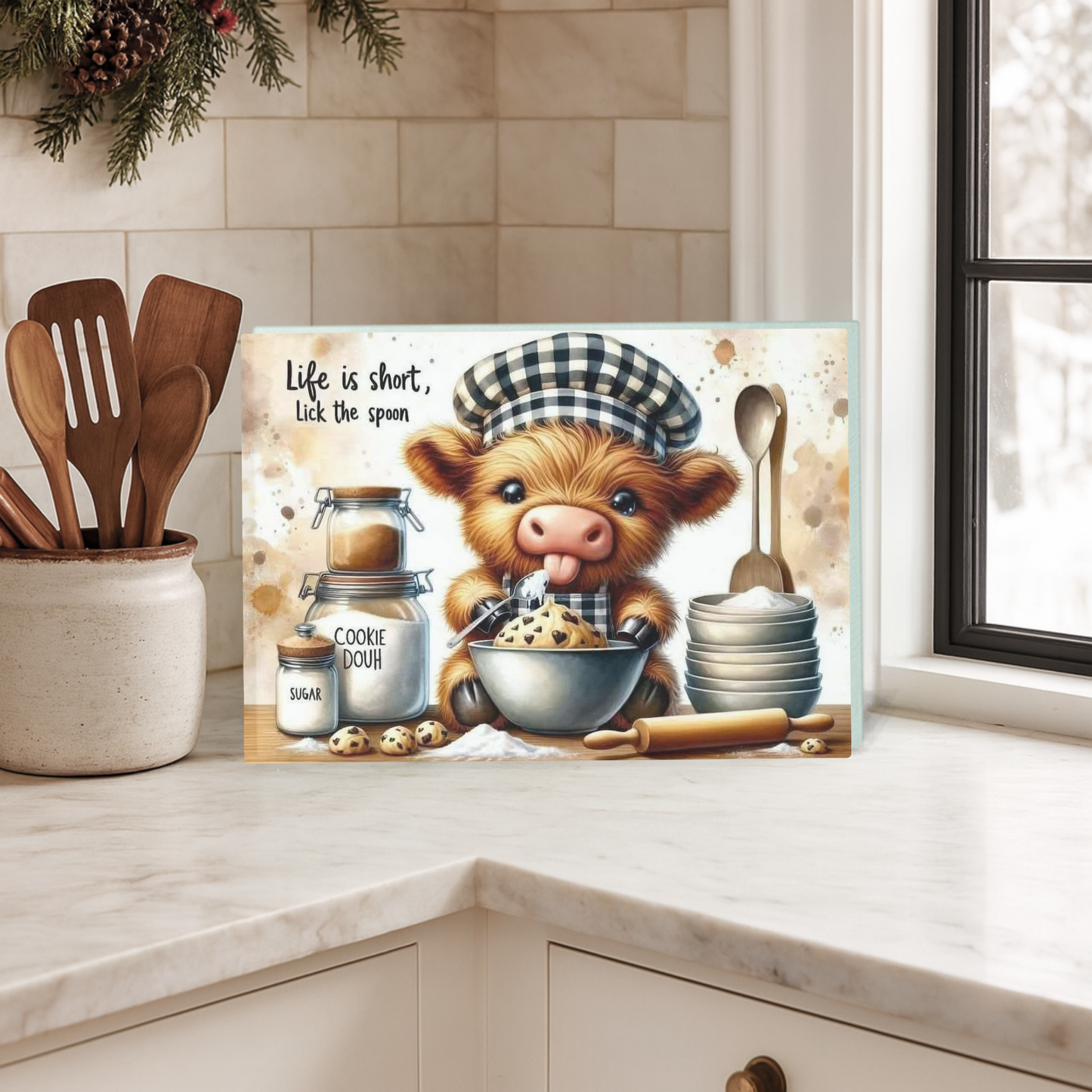 Highland Cow Glass Cutting Board - "Life is Short, Lick the Spoon" Kitchen Decor