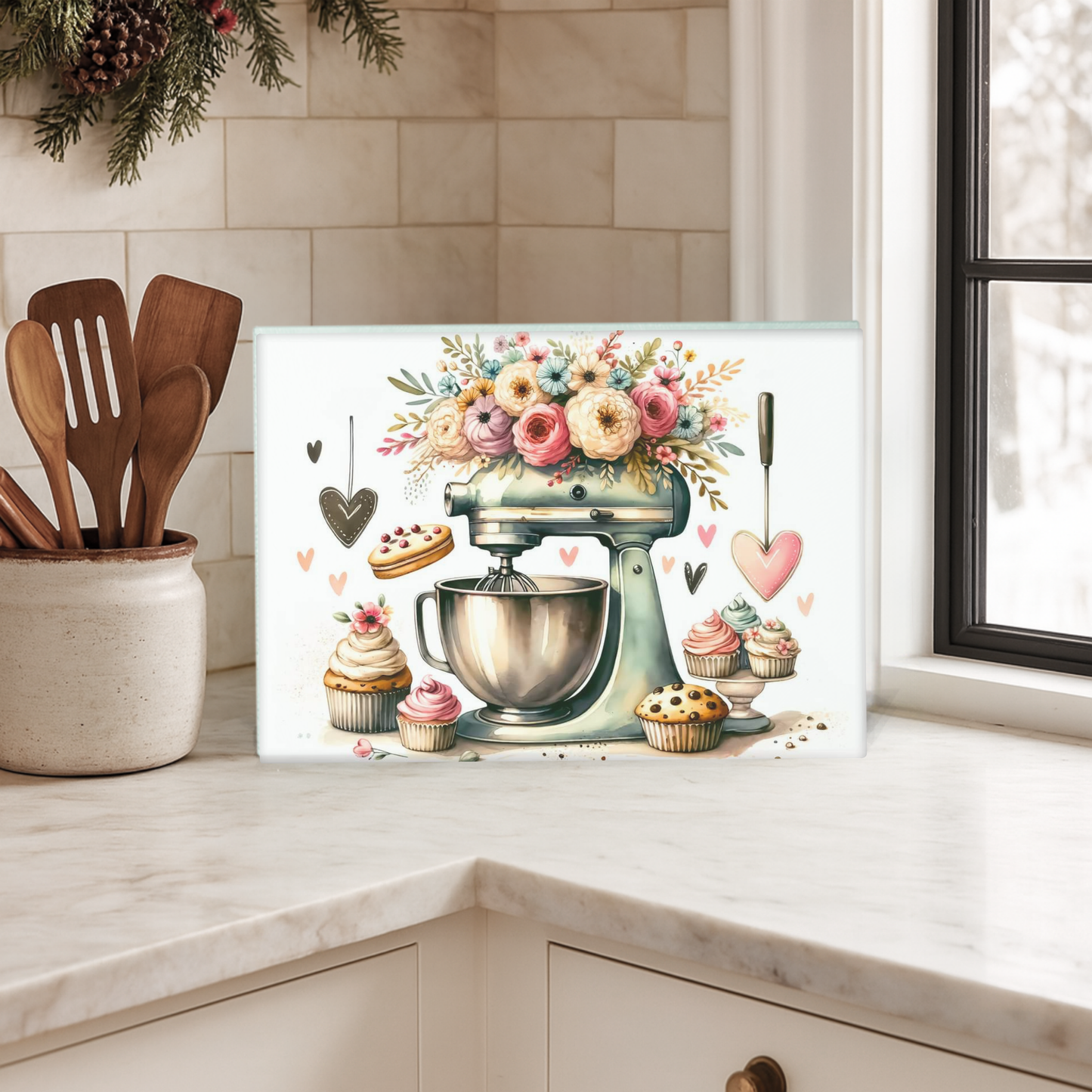Floral Stand Mixer Glass Cutting Board - Personalized Baker’s Gift