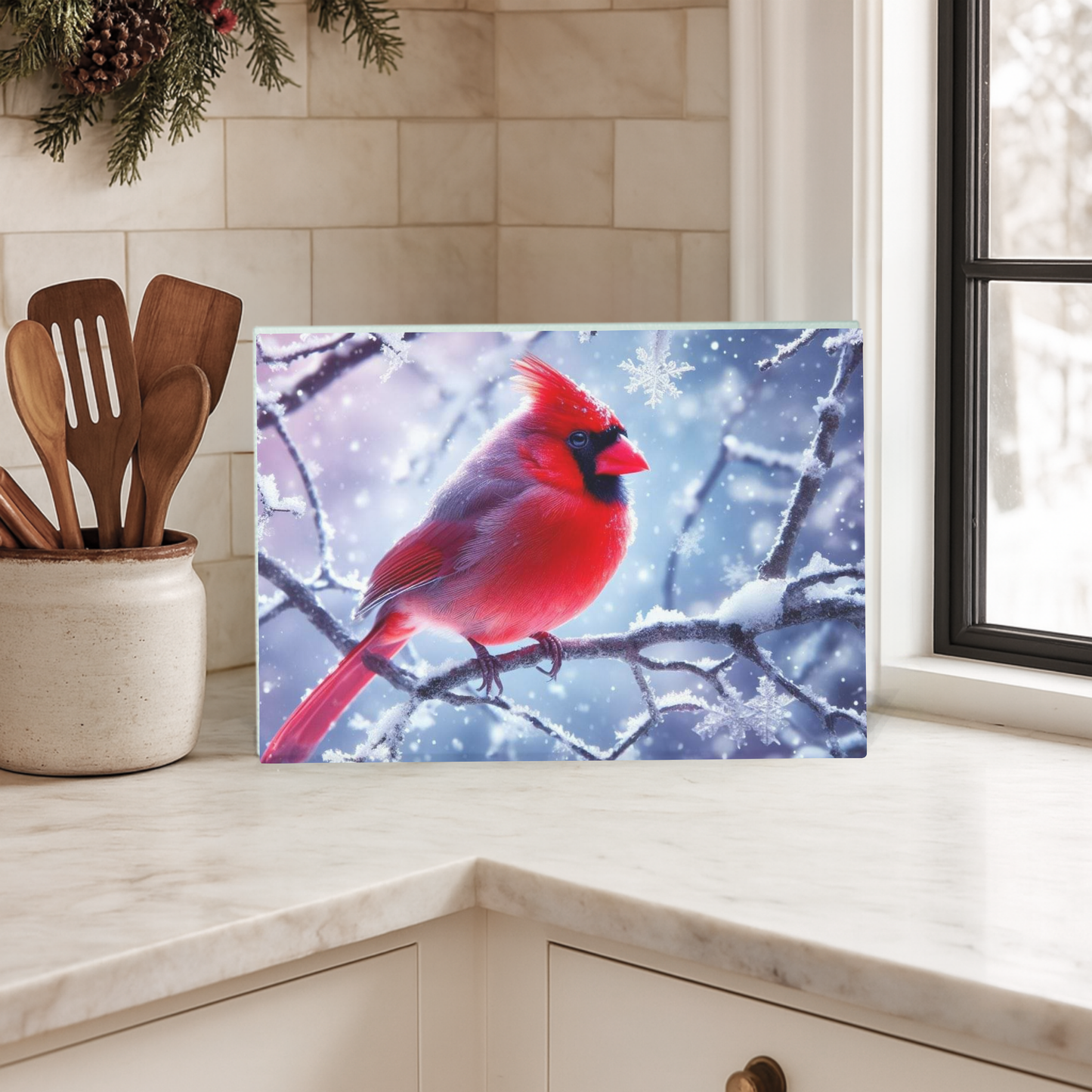 Custom Winter Cardinal Glass Cutting Board