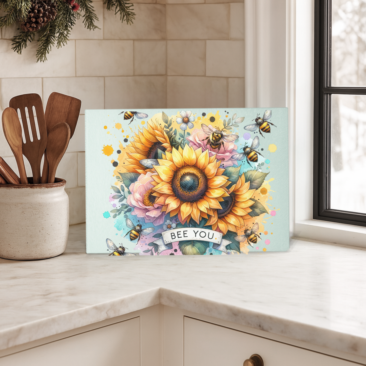 Bee You Custom Sunflower Glass Cutting Board