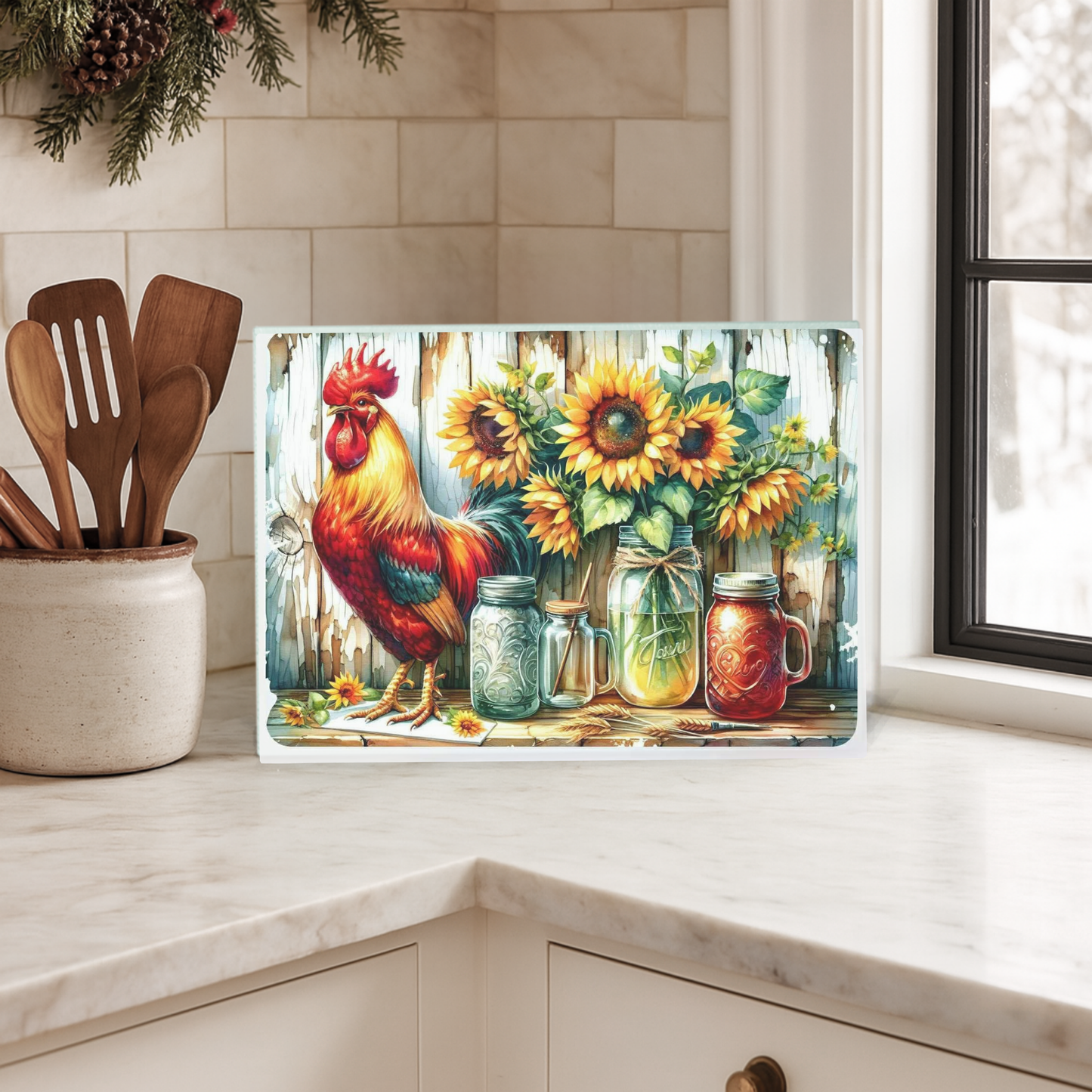 Rustic Rooster Glass Cutting Board - Farmhouse Kitchen Gift