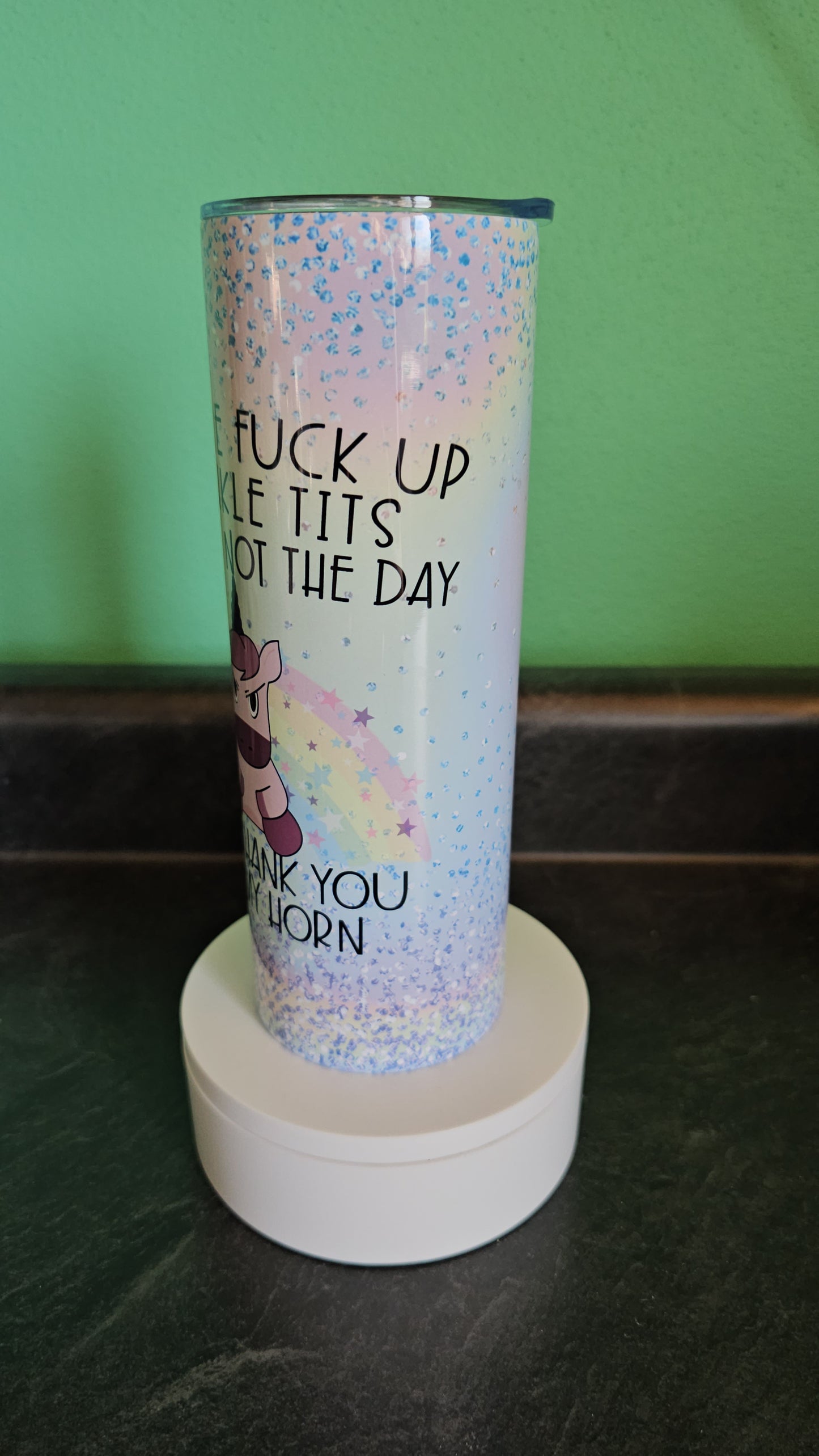 Beautiful custom Insulated Travel Tumbler.  "Back up Spinkle tits"