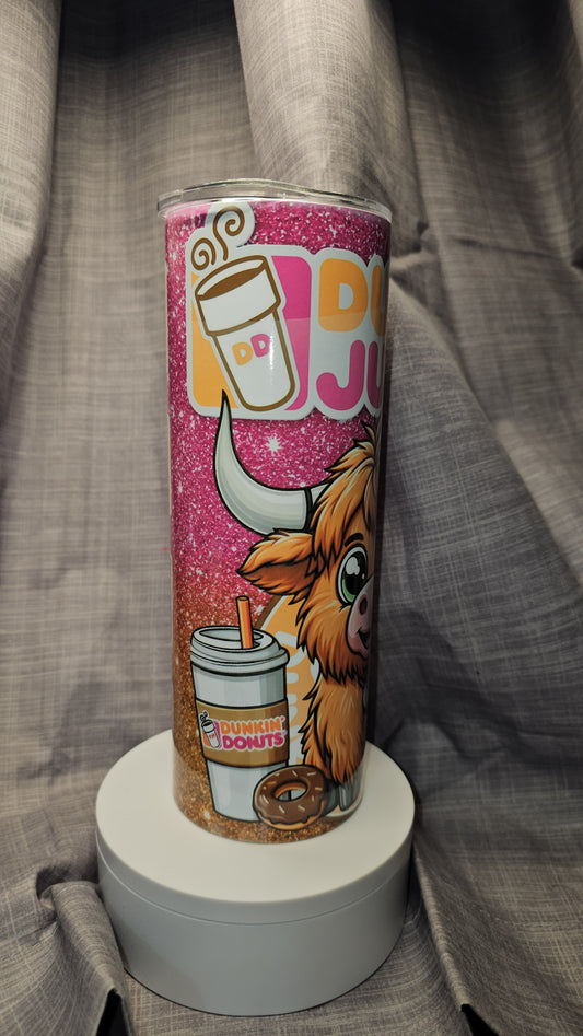 Adorable Dunkin Junkie Highland Cow Insulated Travel Mug/Tumbler