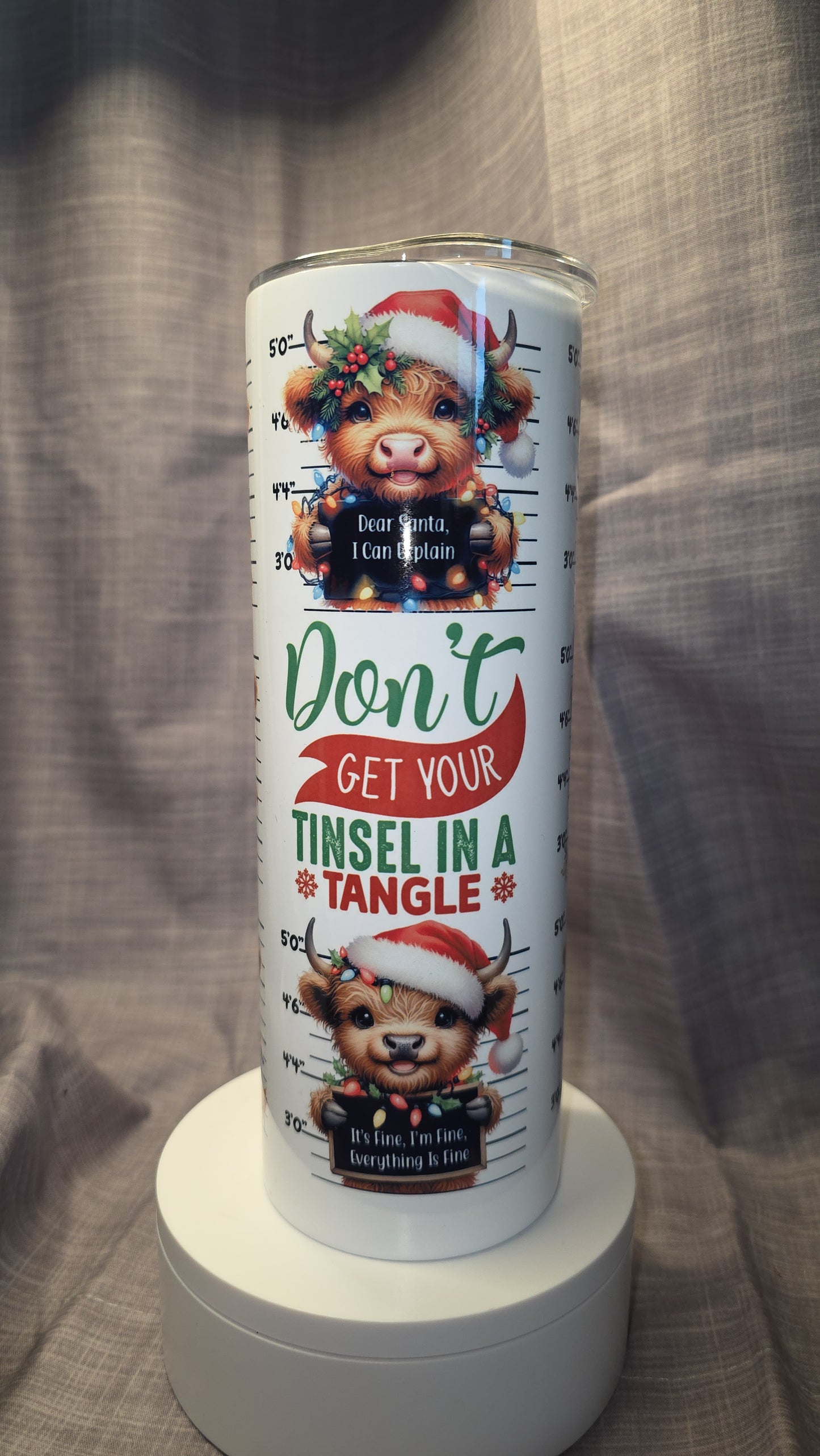 Christmas Highland Cow - "Don't get your tinsel in a tangle" Insulated Travel Tumbler