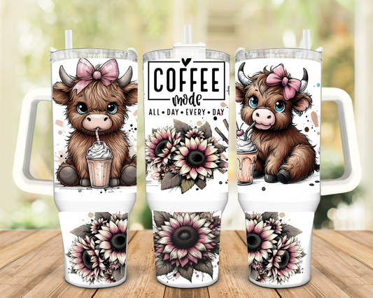 Highland Cow Coffee Mode All Day Every Day 40oz Insulated Travel Tumbler
