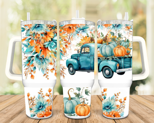 Fall Blue Truck and Pumpkins 40oz Insulated Travel Tumbler