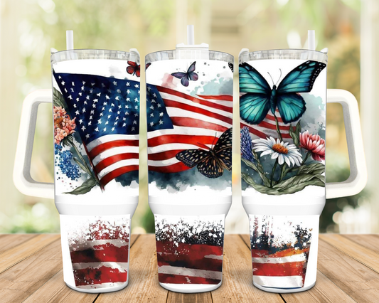 Beautiful 40oz American Flag and Butterfly Insulated Tumbler