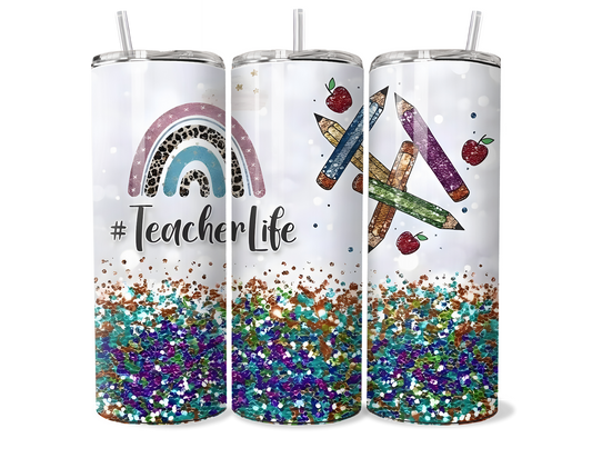 Teacher Life Glitter Tumbler - Rainbow Boho Insulated Tumbler