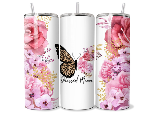 Blessed Mama Floral and Butterfly Insulated Tumbler - Stainless Steel Travel Mug