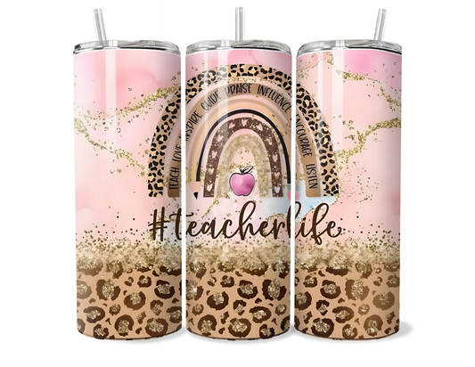 Leopard Rainbow "Teacher Life" Insulated Tumbler - 20oz/30oz