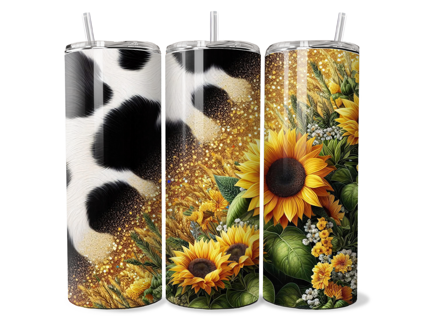 Beautiful and Unique Cowhide and Sunflower Insulated Tumbler