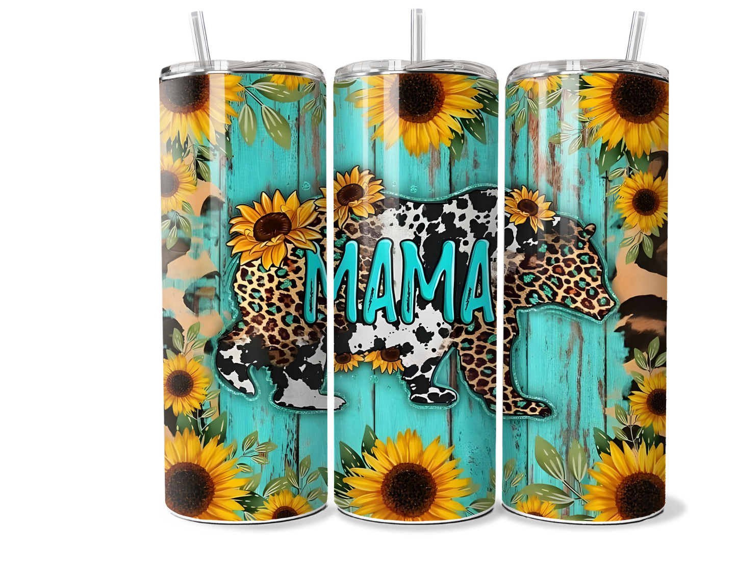 Mama Bear Sunflower & Leopard Print Tumbler - Insulated New Mom Gift