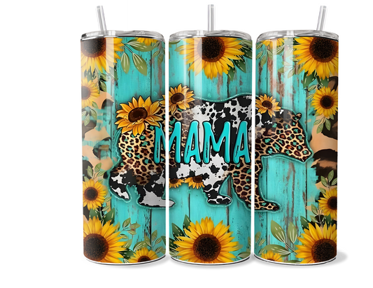 Mama Bear Sunflower & Leopard Print Tumbler - Insulated New Mom Gift
