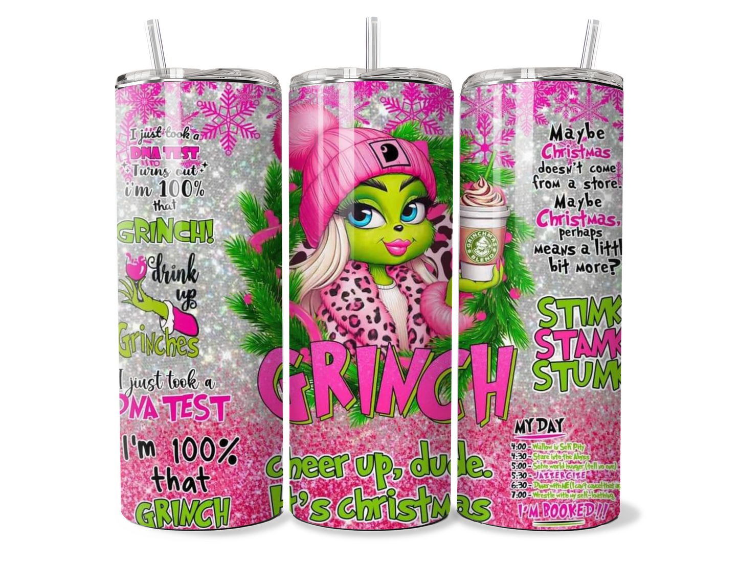 Pink Lady Grinch Christmas Insulated Travel Tumbler
