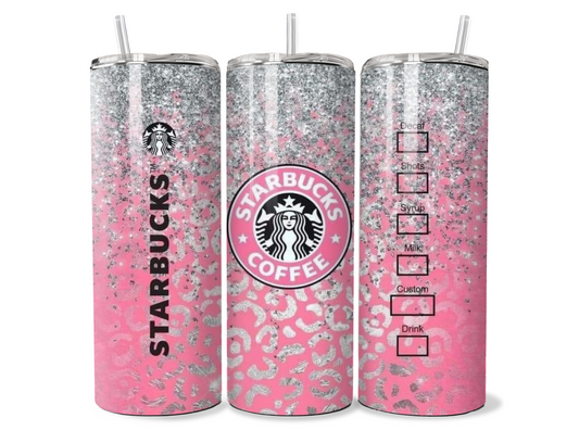 Pink and Grey Glitter Leopard Print Starbucks Insulated Tumbler