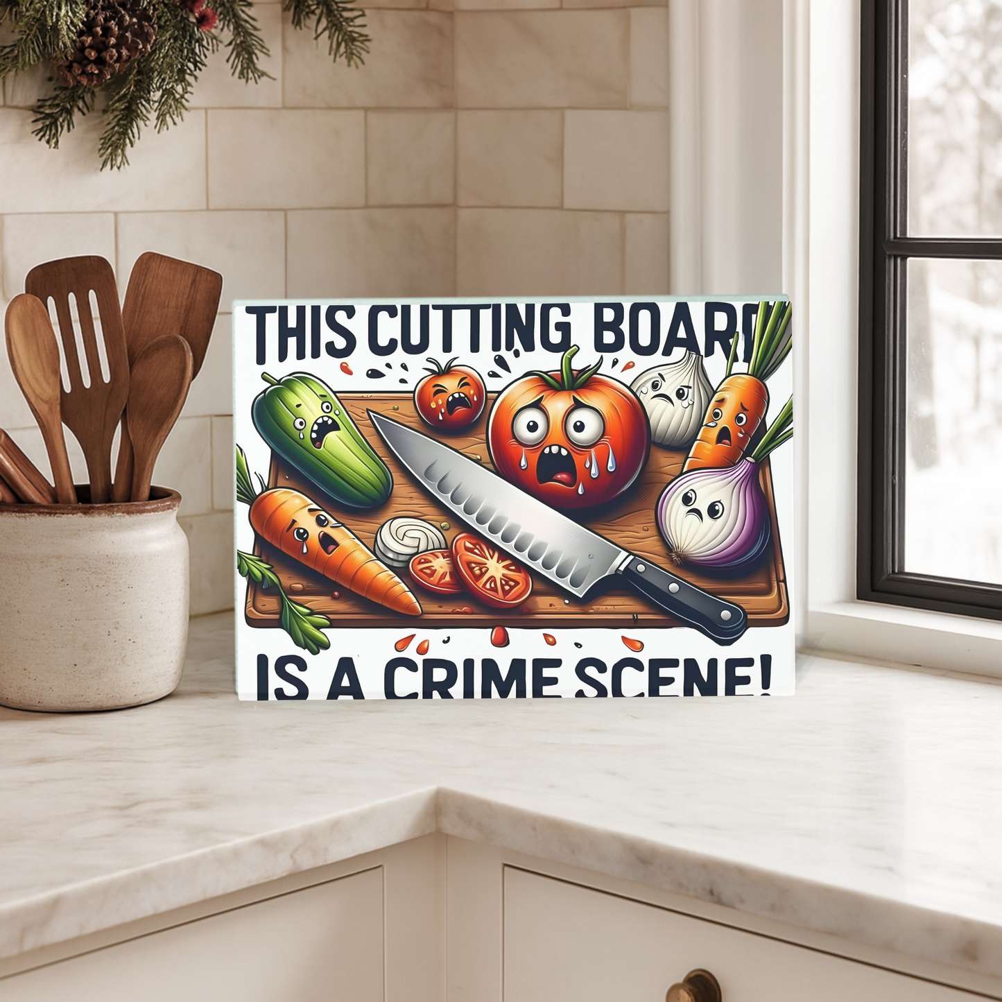 Funny True Crime Glass Cutting Board - Unique Kitchen Decor & Gift