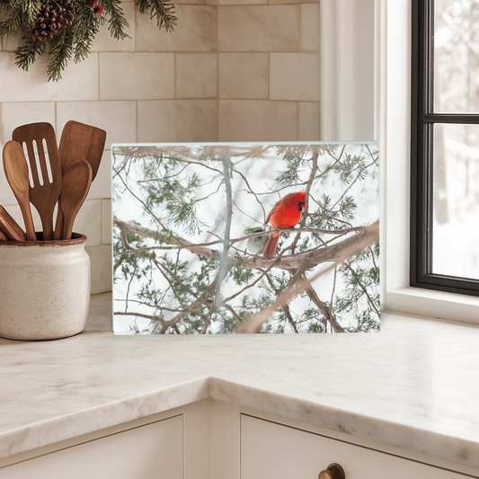 Custom Snowy Cardinal Glass Cutting Board