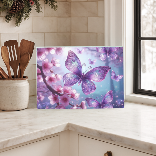 Cherry Blossom and Butterfly Glass Chopping Board - Heat-Resistant Trivet