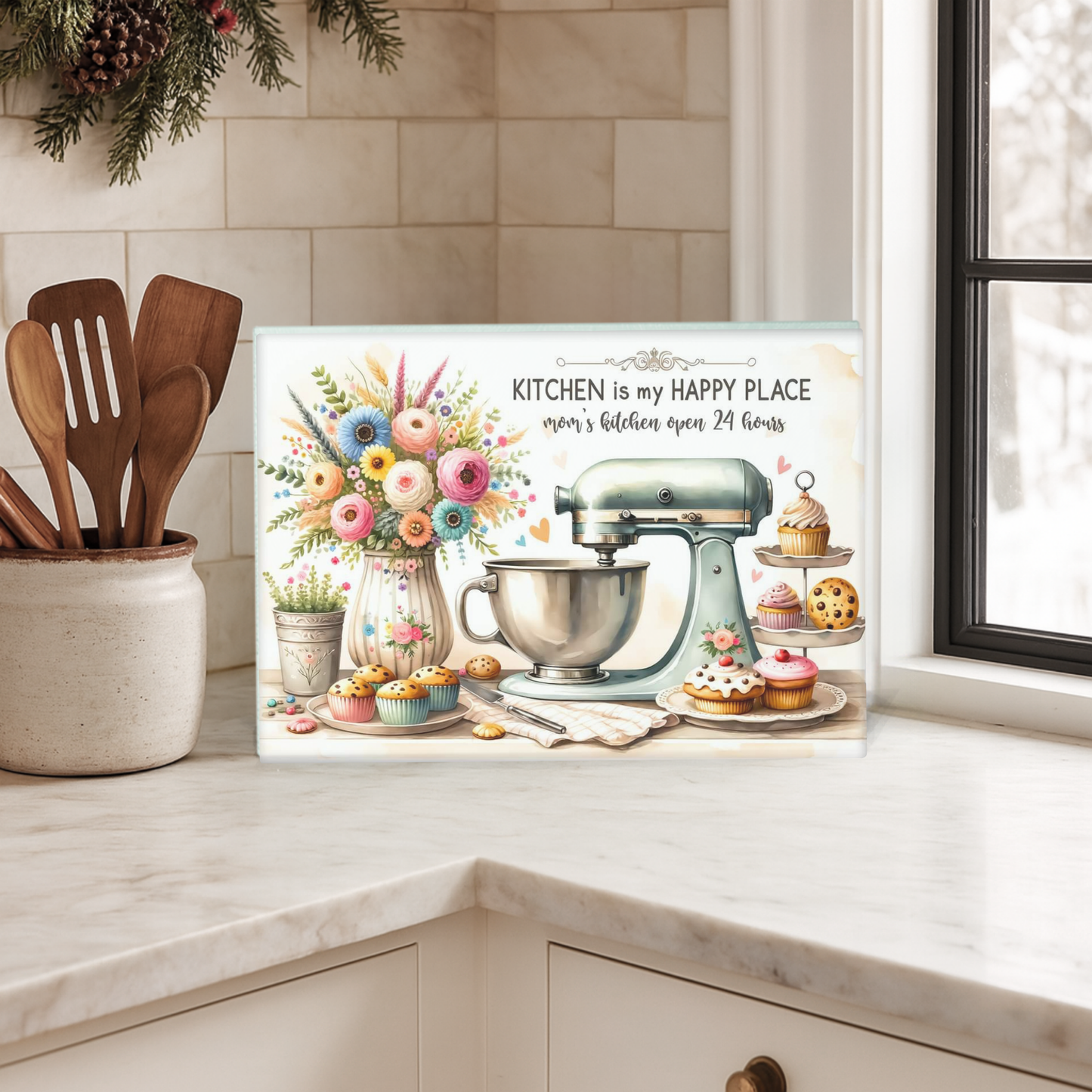 "Kitchen is My Happy Place" Tempered Glass Cutting Board - Floral Farmhouse Decor