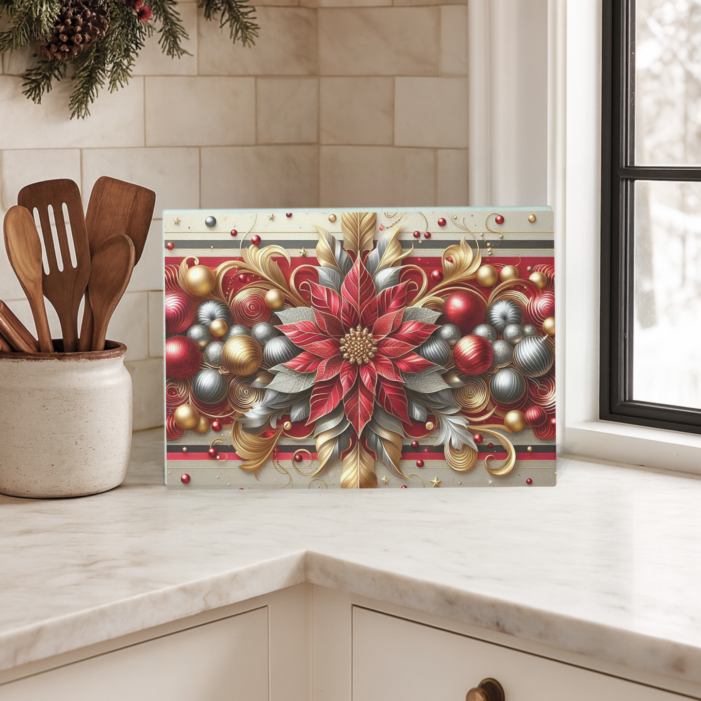 Poinsettia Christmas Glass Cutting Board - Holiday Kitchen Decor & Trivet