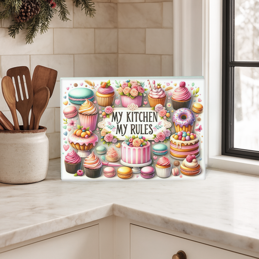 My Kitchen My Rules" Tempered Glass Cutting Board - Vibrant Floral Kitchen Art & Serving Tray