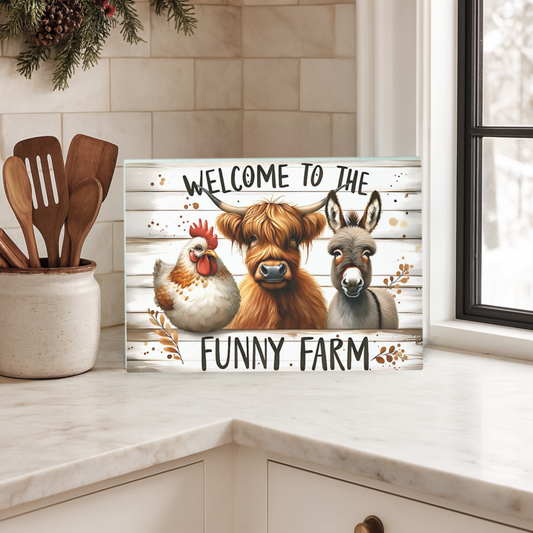 "Welcome to the Funny Farm" - Rustic Cow Glass Cutting Board