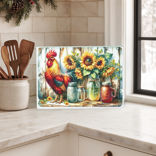 Rustic Rooster Glass Cutting Board - Farmhouse Kitchen Gift