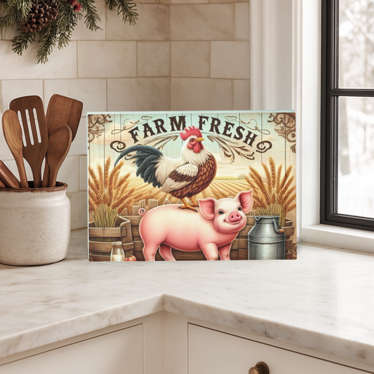Farm Fresh Pig & Chicken Decorative Glass Chopping Board