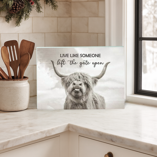 Highland Cow Glass Cutting Board - "Live Like Someone Left the Gate Open" - Farmhouse Kitchen Decor