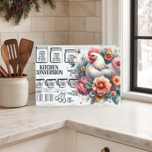 Floral Chicken Glass Cutting Board with Kitchen Conversion Chart